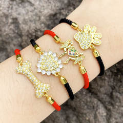 Creative pave setting diamond pet paw bone red rope bracelet