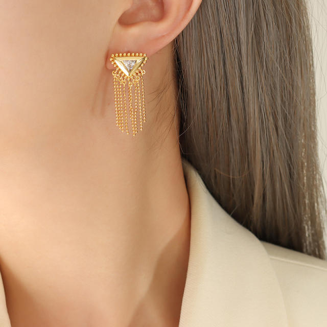 Luxury real gold plated copper triangle shape tassel earrings