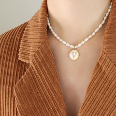 French vintage coin pendant initial necklace water pearl necklace