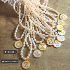 French vintage coin pendant initial necklace water pearl necklace