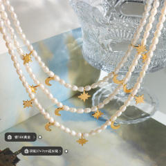 French elegant stainless steel moon star water pearl choker necklace