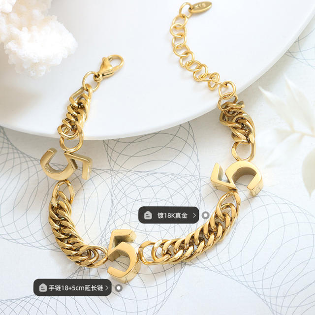 Hiphop number chunky stainless steel bracelet