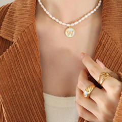 French vintage coin pendant initial necklace water pearl necklace