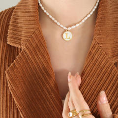 French vintage coin pendant initial necklace water pearl necklace