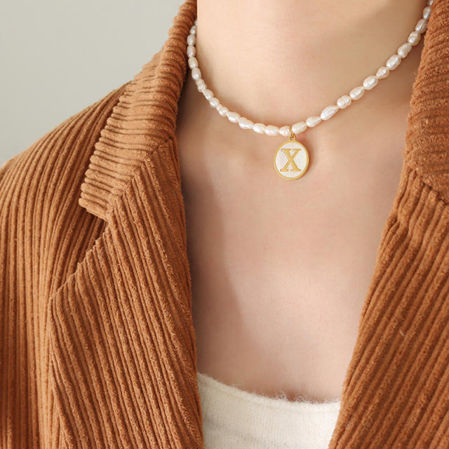 French vintage coin pendant initial necklace water pearl necklace
