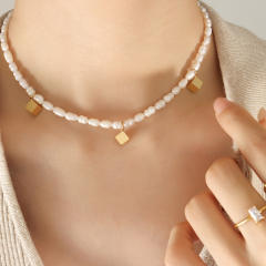 Popular stainless steel cube water pearl choker necklace