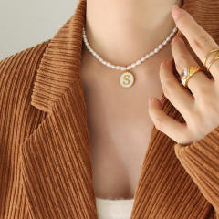 French vintage coin pendant initial necklace water pearl necklace