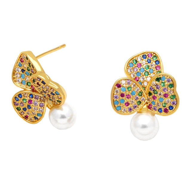 Elegant diamond clover pearl drop earrings