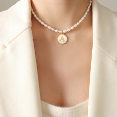 French vintage coin pendant initial necklace water pearl necklace