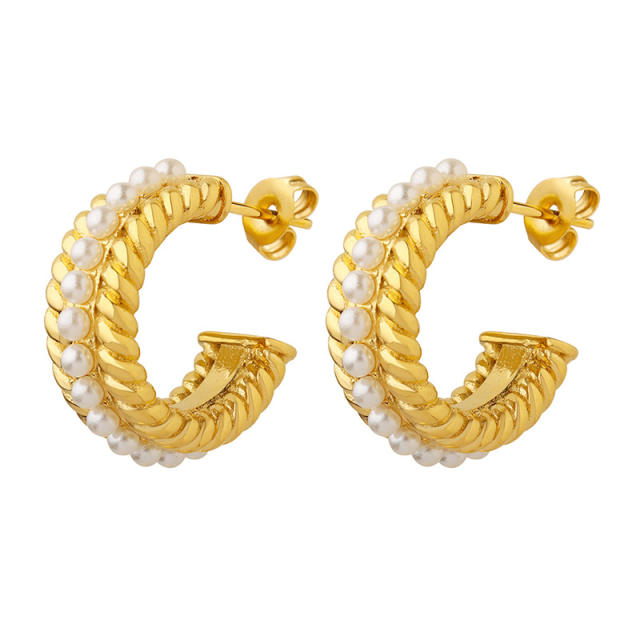 Vintage faux pearl beads stainless steel open hoop earrings