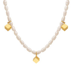 Popular stainless steel cube water pearl choker necklace