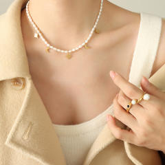 French elegant stainless steel moon star water pearl choker necklace