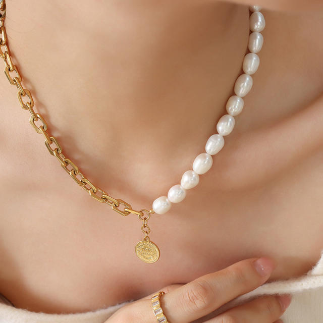 Hiphop half stainless steel chain half water pearl necklace