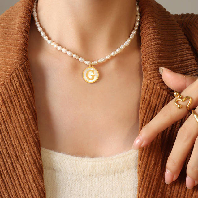 French vintage coin pendant initial necklace water pearl necklace