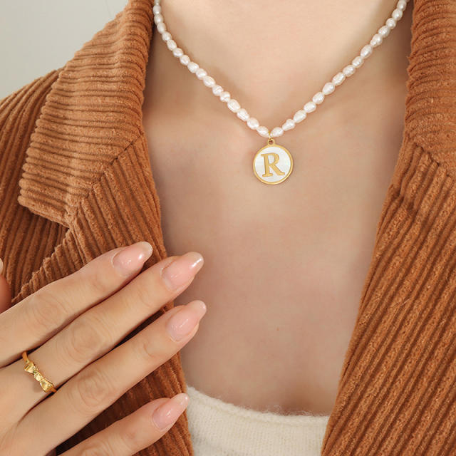 French vintage coin pendant initial necklace water pearl necklace