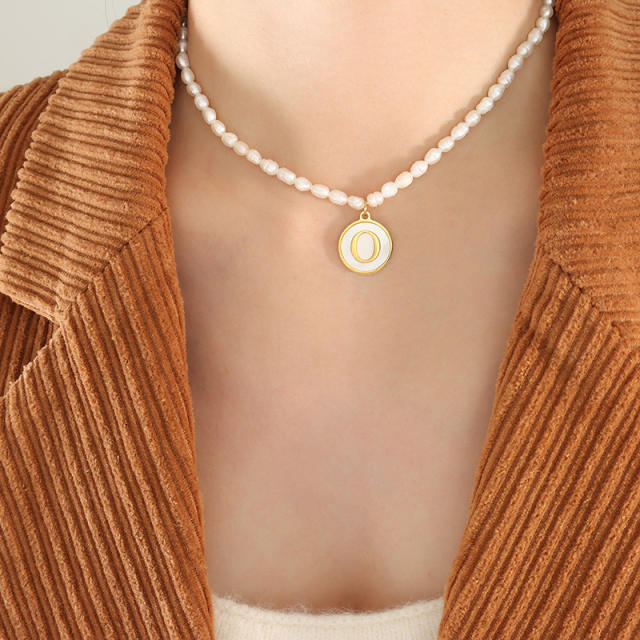 French vintage coin pendant initial necklace water pearl necklace