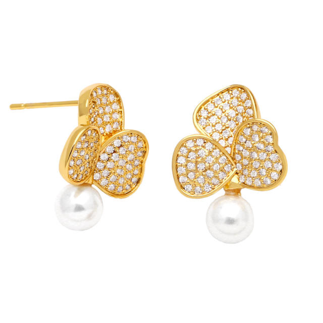 Elegant diamond clover pearl drop earrings