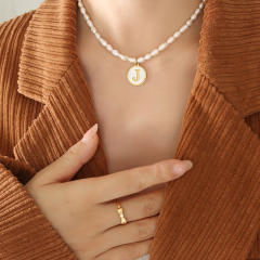 French vintage coin pendant initial necklace water pearl necklace