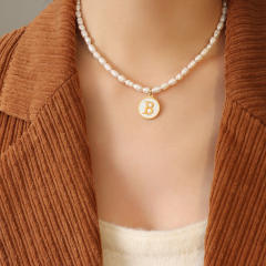 French vintage coin pendant initial necklace water pearl necklace
