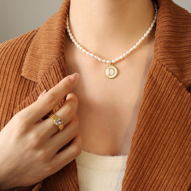 French vintage coin pendant initial necklace water pearl necklace