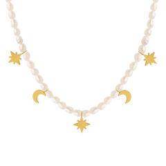 French elegant stainless steel moon star water pearl choker necklace