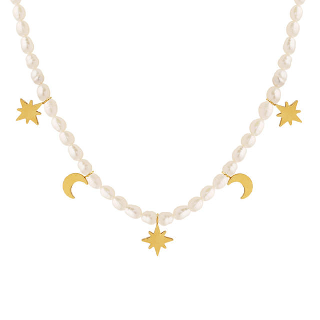 French elegant stainless steel moon star water pearl choker necklace