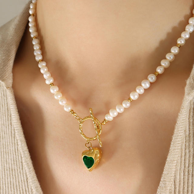 Unique color cubic zircon heart pendant toggle water pearl necklace