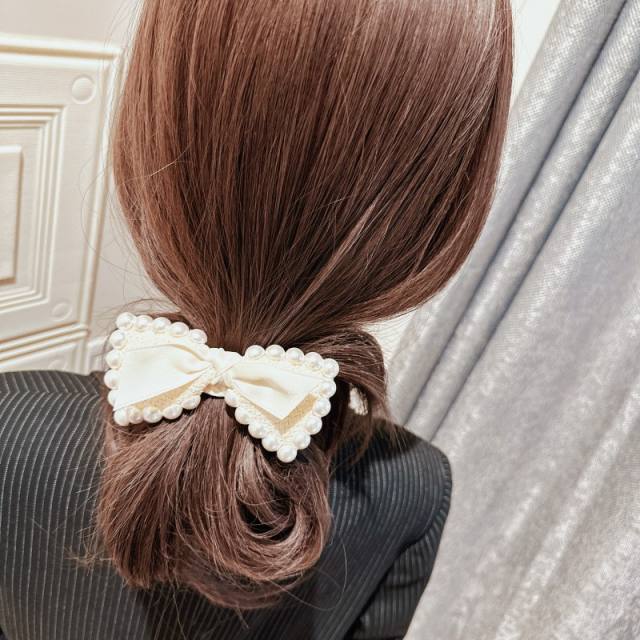 Pearl beads bow small size scrunchies hair ties