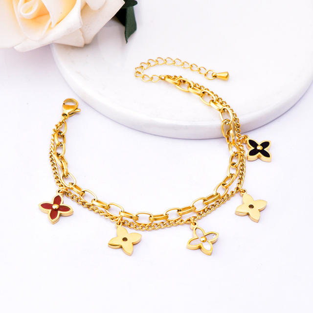 Occident fashion two layer chain clover charm stainless steel bracelet