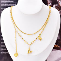 Personality 18K hollow clover v letter layer stainless steel necklace