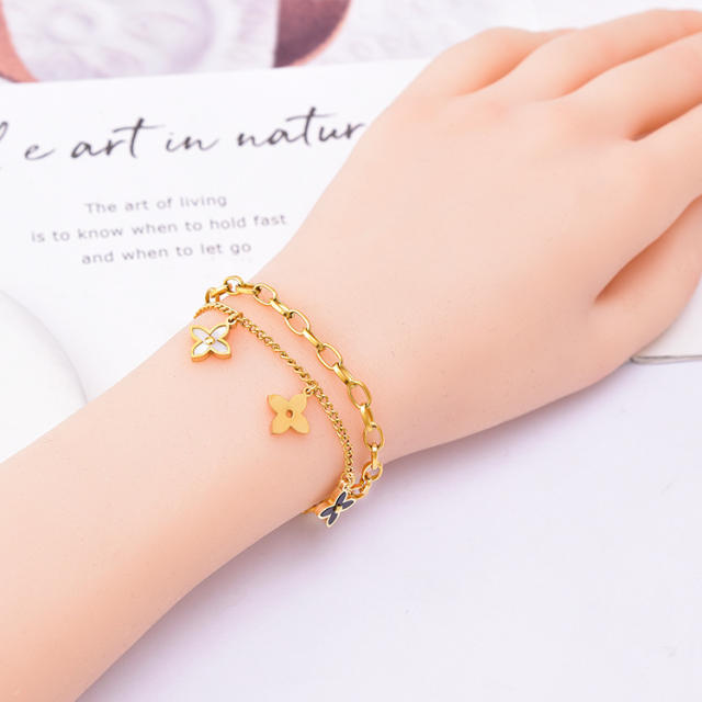 Occident fashion two layer chain clover charm stainless steel bracelet