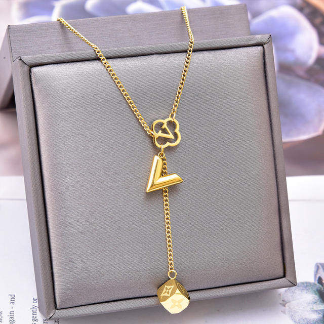 Personality 18K hollow clover v letter layer stainless steel necklace