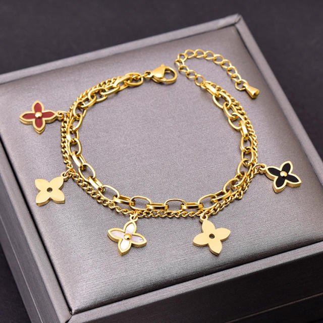 Occident fashion two layer chain clover charm stainless steel bracelet