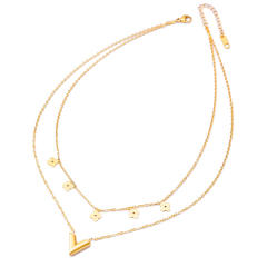 Personality 18K hollow clover v letter layer stainless steel necklace