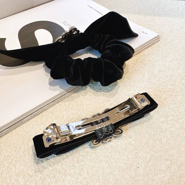 Luxury black velvet bow scrunchies french barrette