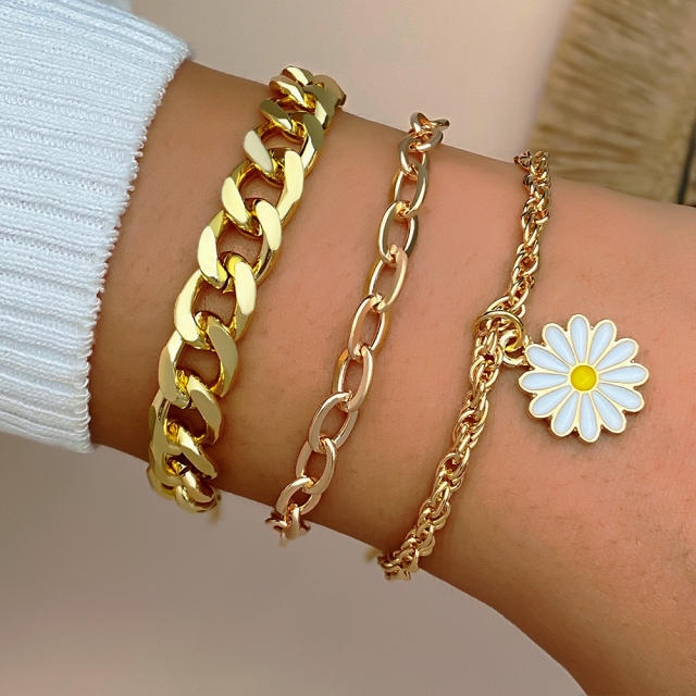 Occident fashion cuban link chain daisy flower bracelet set
