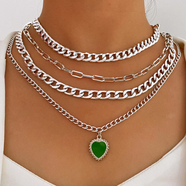 Concise tiny green heart pendant layer neckalce