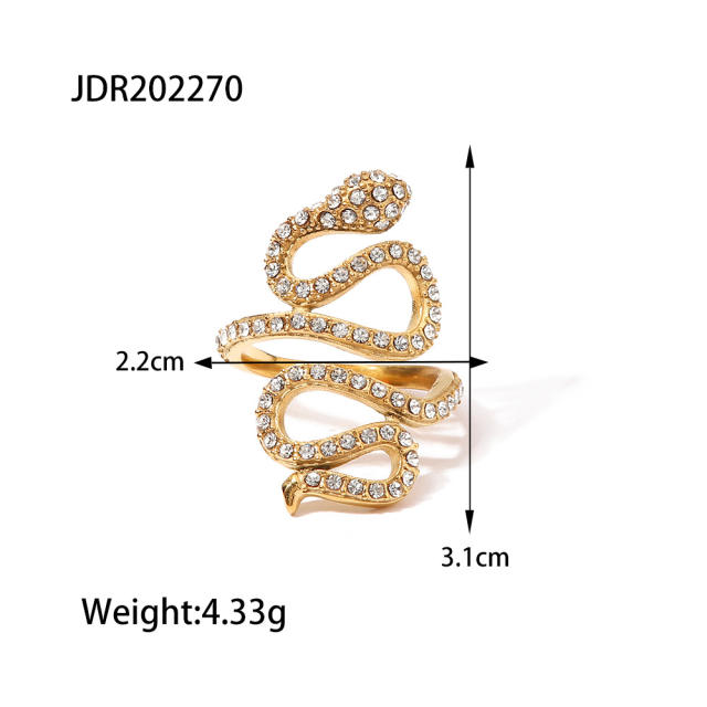 Personality pave setting diamond snake stainless steel rings