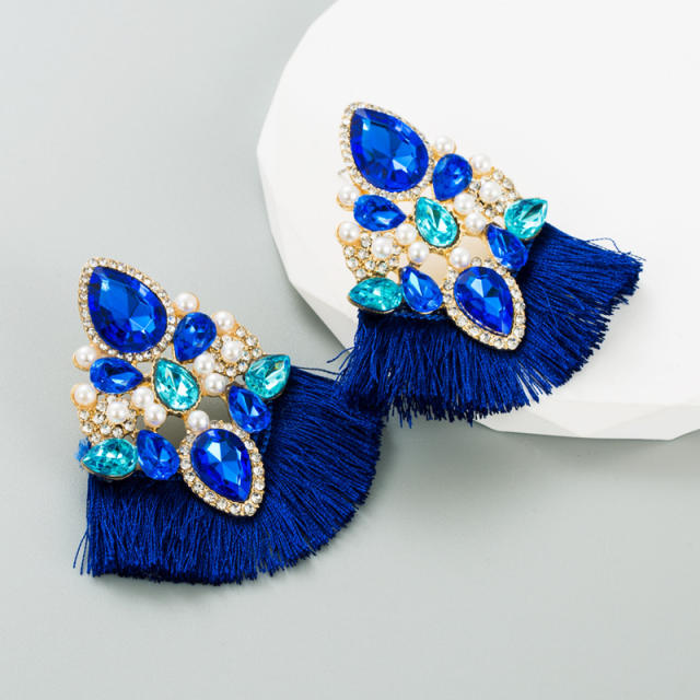 Elegant color glass crystal statement tassel earrings