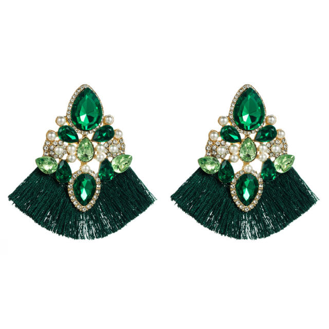 Elegant color glass crystal statement tassel earrings