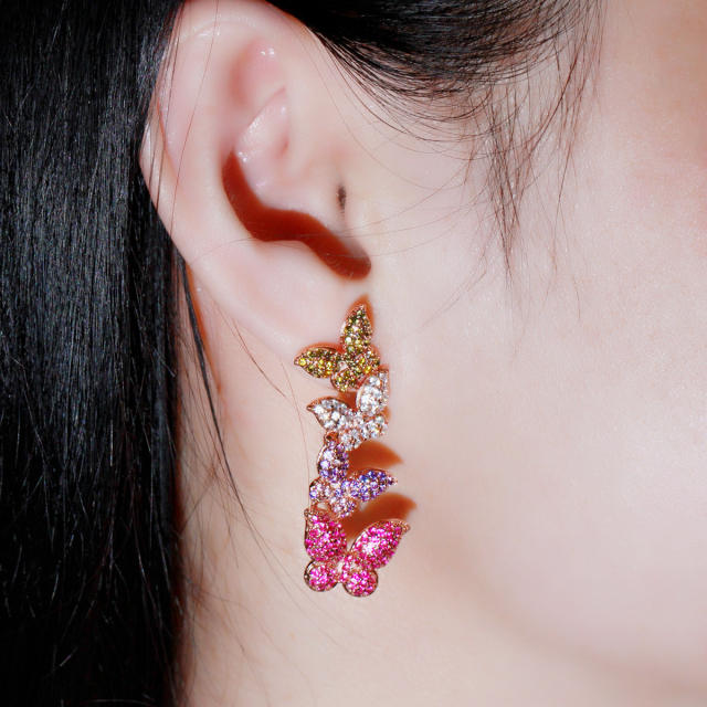 925 needle luxury pave setting diamond butterfly long earrings