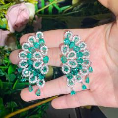 Luxury handmade green color crystal fan shape earrings