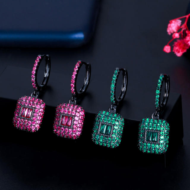 Luxury handmade pave setting rose green crystal square huggie earrings