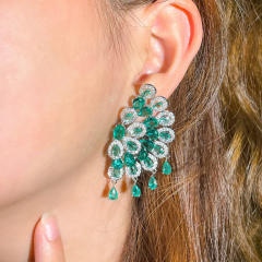 Luxury handmade green color crystal fan shape earrings