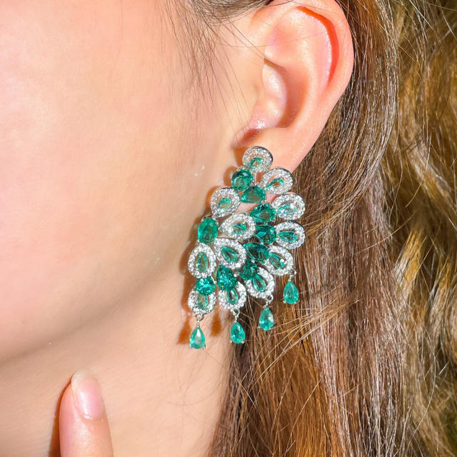 Luxury handmade green color crystal fan shape earrings