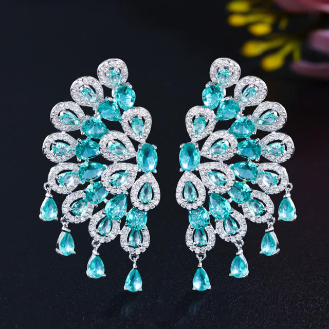 Luxury handmade green color crystal fan shape earrings