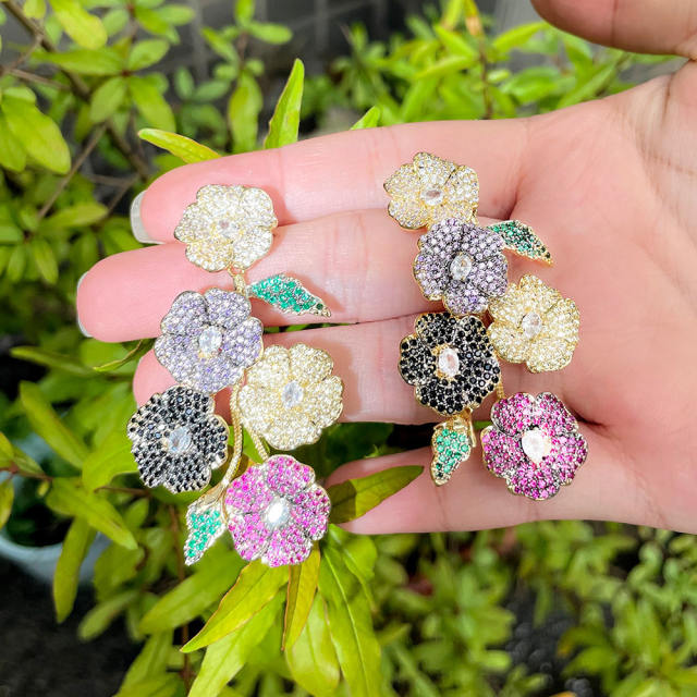 925 needle luxury handmade pave setting cystal flower earrings