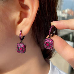 Luxury handmade pave setting rose green crystal square huggie earrings