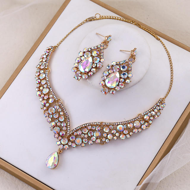 Elegant colorful glass crystal statament wedding necklace set