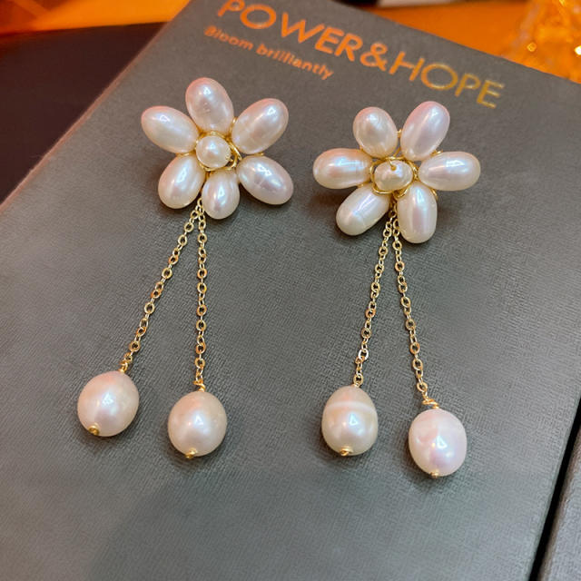 Real gold plated baroque pearl flower choker earrings